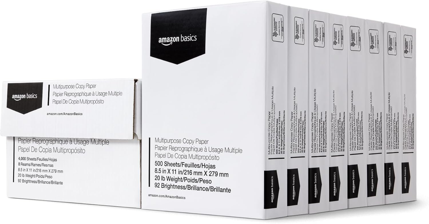Amazon Basics Multipurpose Printer Paper — 8.5x11", 20lb, 92 Bright, 8 Reams (4,000 Sheets)