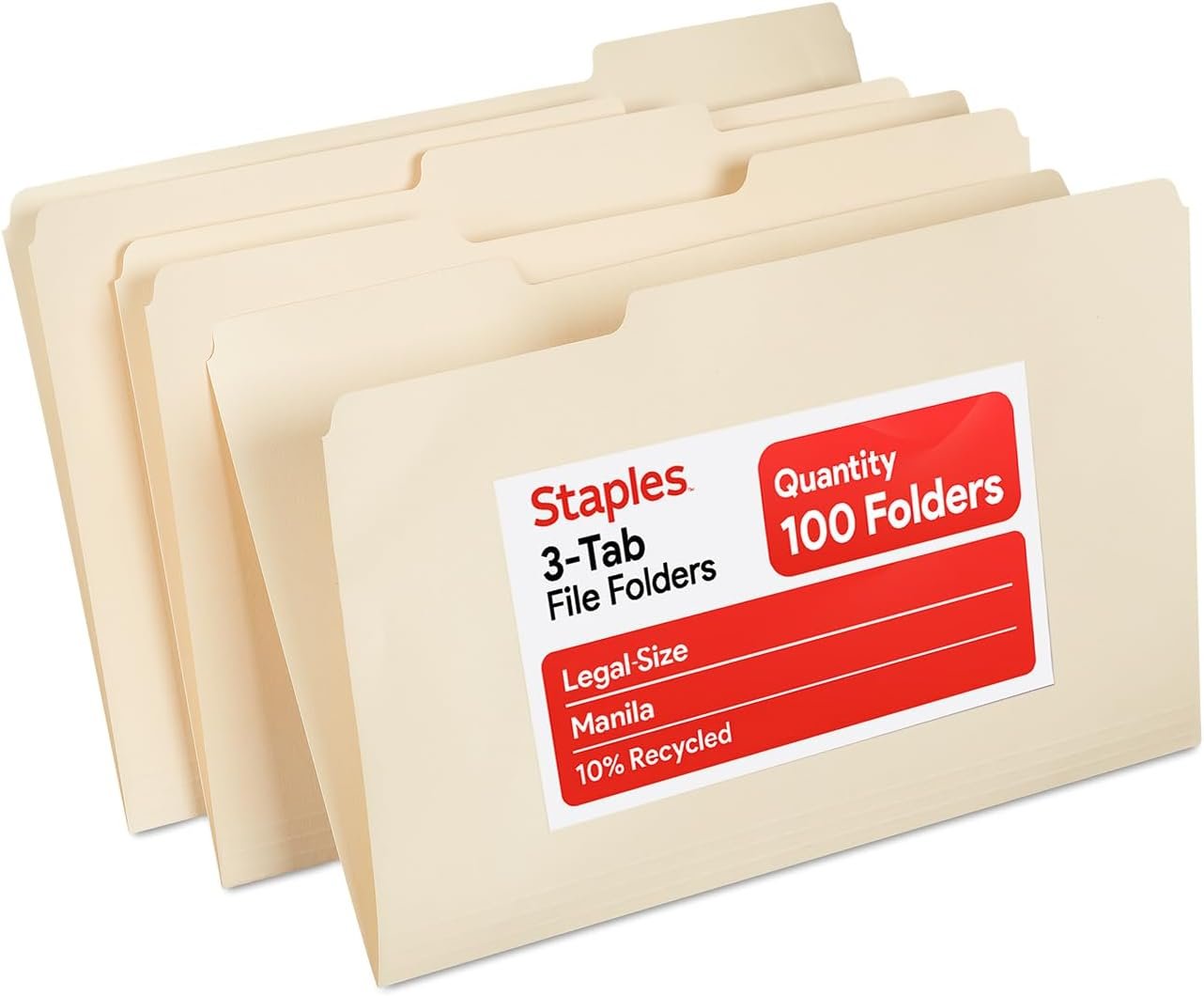 Staples Recycled Legal Size File Folders — 1/3-Cut Tabs, Manila, 100/Box